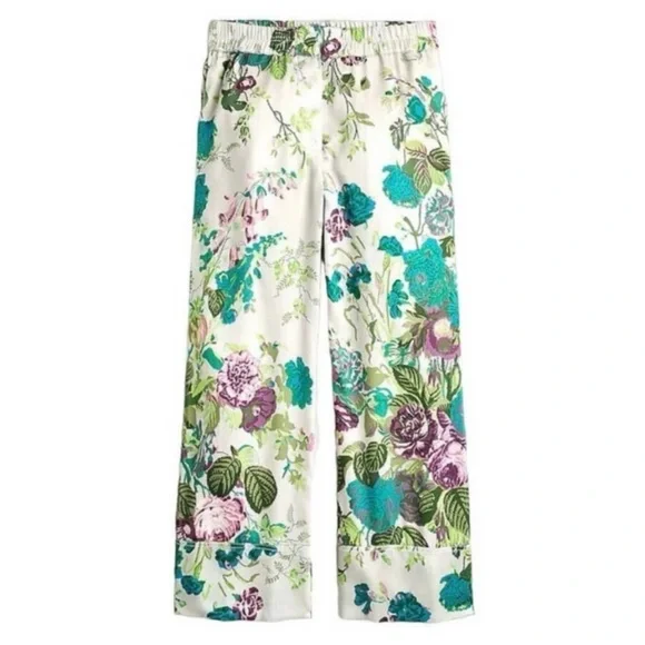 J CREW Collection Pull On Crop Pant in Ratti Leafy Floral Satin Flowy Size 0 - Picture 1 of 13